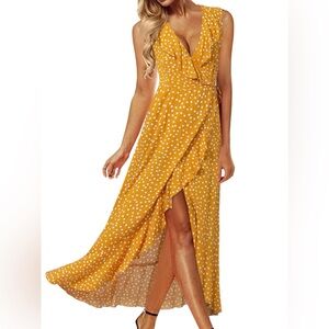 NWT Max & Ash Nordstrom Mustard Yellow Ruffled Wrap Polkadot Maxi Dress Spring